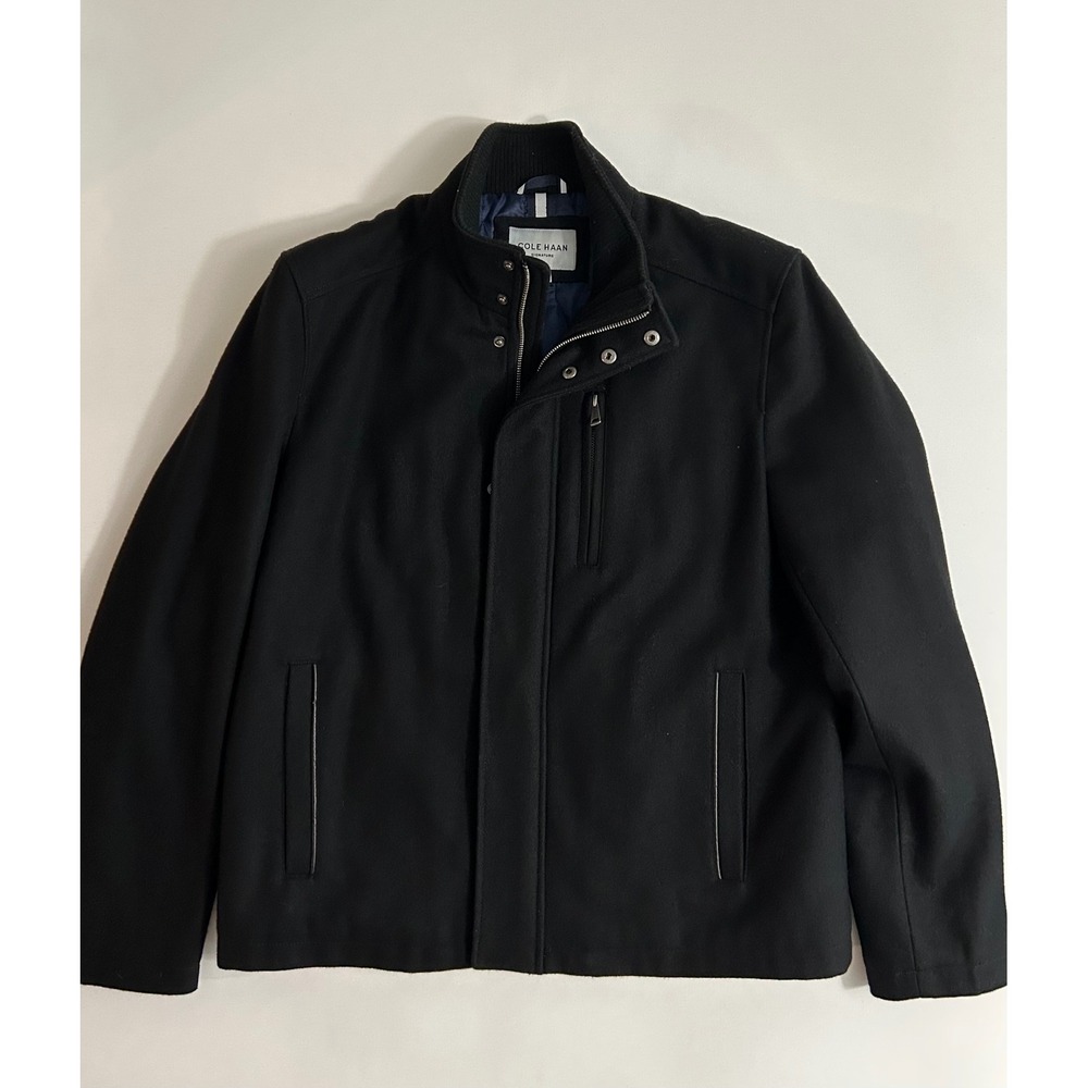 Cole Haan Signature Mens Black Wool Blend Mock Neck Full Zip Jacket Coat